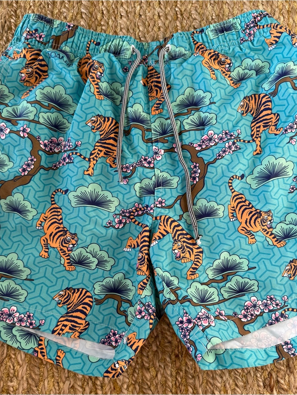 Boardies Men’s Aqua Leopard Print Drawstring Swim Trunks Size Small